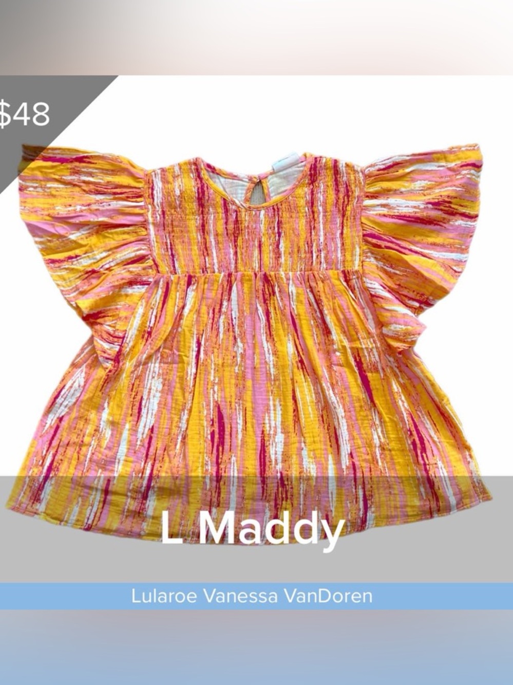 LuLaRoe Maddy Flutter Sleeve Tunic - Pink, Yellow & White Brushstroke